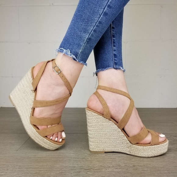 Shoes - Espadrilles Tan Open Toe Wedge Sandal - Q